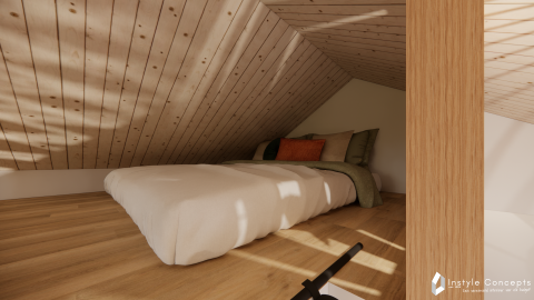 Et hyggeligt hems-værelse med lavt træloft og seng på Reestdal lodge ved Camping Si-Es-An i Nederlandene.