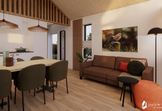 Moderne stue i Reestdal lodge på Camping Si-Es-An i Nederlandene med træloft og hyggelig indretning.