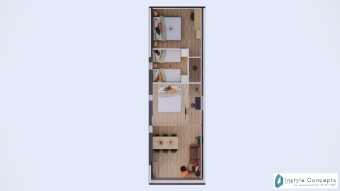 Fugleperspektiv af Reestdal lodge grundplan på Camping Si-Es-An, Holland, med moderne rumindretning.