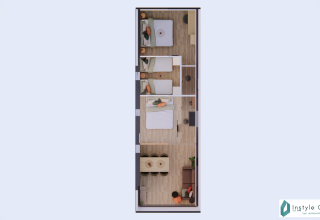 Fugleperspektiv af Reestdal lodge grundplan på Camping Si-Es-An, Holland, med moderne rumindretning.