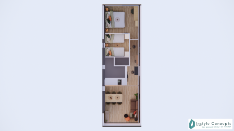 Fugleperspektiv af Reestdal lodge plantegning på Camping Si-Es-An i Holland med moderne indretning.