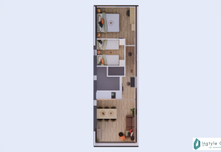 Fugleperspektiv af Reestdal lodge plantegning på Camping Si-Es-An i Holland med moderne indretning.