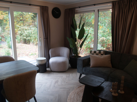 Espace salon convivial à Groeneborg lodge, Vakantiepark De Wiltzangh, Pays-Bas, avec une déco moderne et végétale.