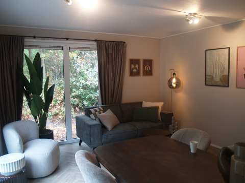 Moderne opholdsstue med store vinduer, grå sofa, lænestol og grøn plante i Groeneborg lodge, Nederlandene.