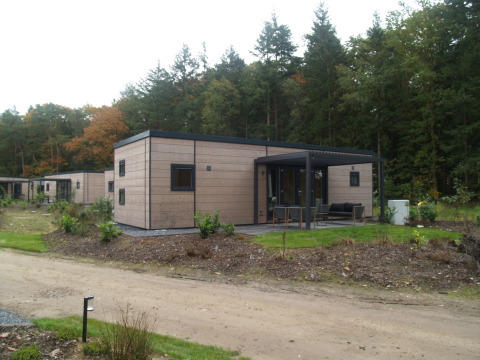 Foto van Groeneborg Lodge in vakantiepark De Wiltzangh, Nederland, omringd door bomen en natuur.