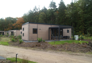 Foto van Groeneborg Lodge in vakantiepark De Wiltzangh, Nederland, omringd door bomen en natuur.