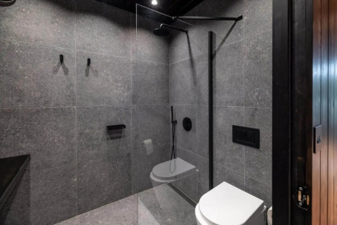 Moderne badkamer in de Nokken Forest Cabin met douche en toilet op Wilsumer Berge in Duitsland.