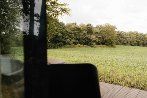 Uitzicht vanuit de Nokken NKN-18 Cabin bij Wilsumer Berge, Duitsland op een groen veld en bomenrij.