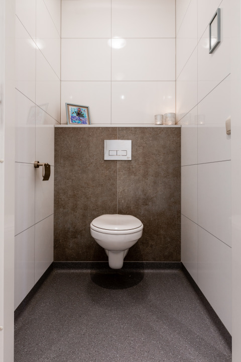 Moderne wc met wandcloset, bruin tegelpaneel en decor bij Resort Mooi Bemelen in Nederland.