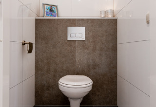 Moderne wc met wandcloset, bruin tegelpaneel en decor bij Resort Mooi Bemelen in Nederland.