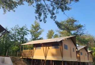 Tenda safari su palafitte immersa nella natura, circondata da alberi e cielo azzurro, con veranda.