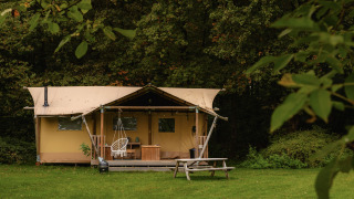 Tente safari Glamping tent La Vida sur une pelouse verte, entourée d’arbres, avec terrasse et banc.