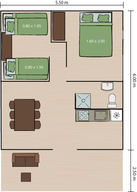 Pianta di una tenda safari con due camere da letto, cucina, sala da pranzo, soggiorno e bagno.