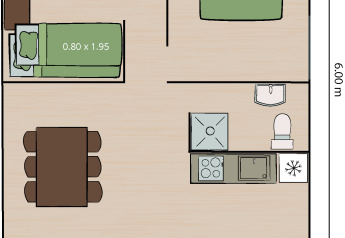 Pianta di una tenda safari con due camere da letto, cucina, sala da pranzo, soggiorno e bagno.