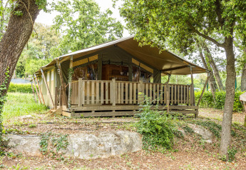 Tente safari avec terrasse en bois dans une forêt verdoyante, idéale pour un séjour glamping.