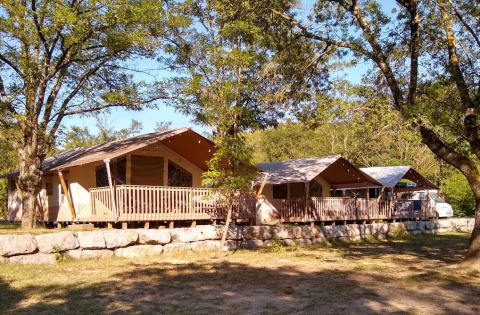Safari telte med træterrasser blandt træer, opstillet på en stenmur, ideel til camping i naturen.