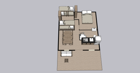 Plattegrond van Safaritent Sunset op Camping Valkanela in Kroatië, met bedden, keuken en leefruimte.