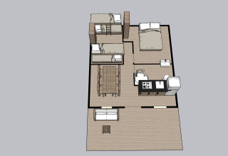 Plattegrond van Safaritent Sunset op Camping Valkanela in Kroatië, met bedden, keuken en leefruimte.