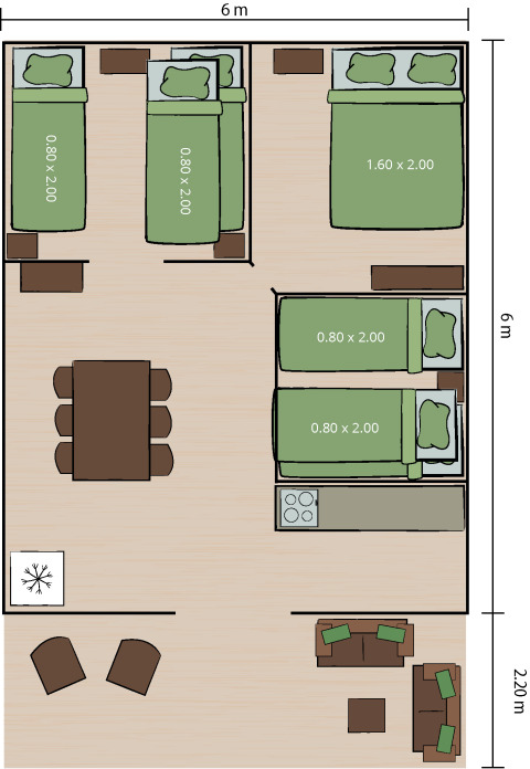 Plantegning af Safaritent Lodge på Camping Lanterna, Kroatien, med senge og opholdsområder, 6x6 meter.