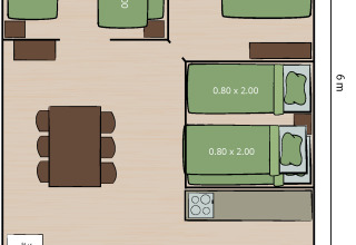 Grundriss der Safaritent Lodge auf Camping Lanterna, Kroatien, mit Betten und Wohnbereich, 6x6 Meter.