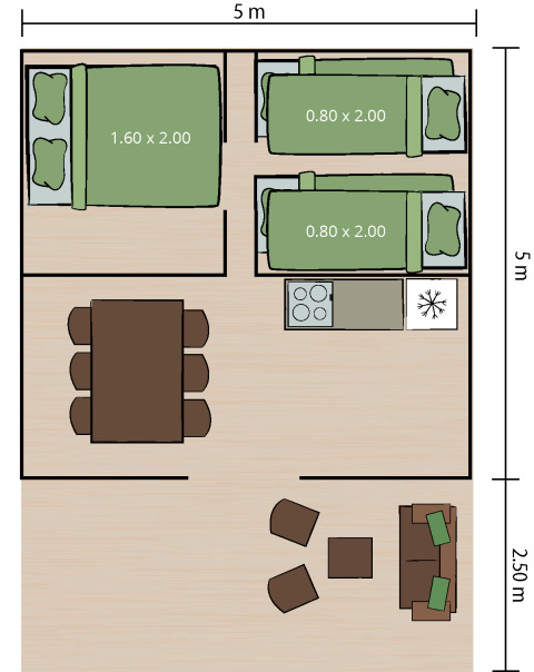 Grondplan van Safaritent Relax met bedden, eettafel, keuken en salonruimte in een safaritent van 25 m².