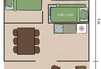 Planimetria di Safaritent Relax, con letti, tavolo da pranzo, cucina e salotto in tenda da 25 m².