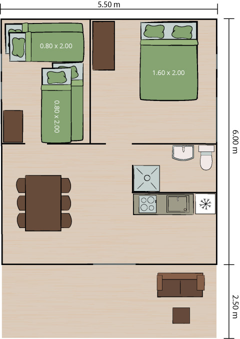 Grondplan van safaritent met twee slaapkamers, keuken, badkamer, eethoek en gezellige zithoek.