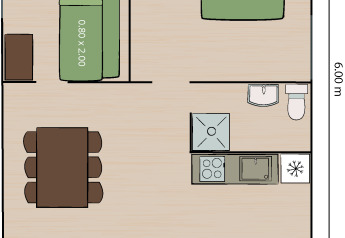 Plano de una tienda safari con dos dormitorios, cocina, baño, comedor espacioso y sala de estar.