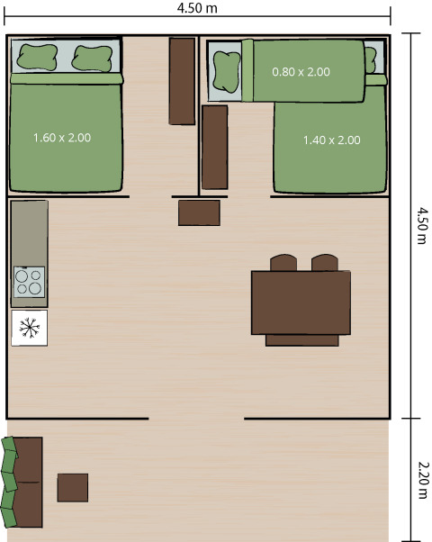 Plano de la tienda Safaritent Lodge en Camping Lanterna, Croacia, mostrando camas, cocina y comedor.