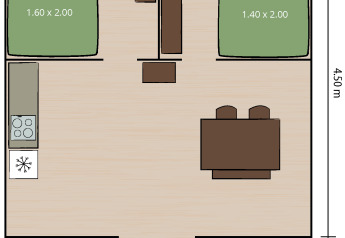Planimetria della Safaritent Lodge al Camping Lanterna, Croazia, con letti, cucina e tavolo.
