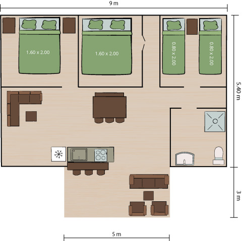 Plan du Safaritent Bella Lodge au Camping Valkanela, Croatie, avec trois chambres et espace de vie commun.