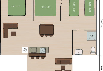 Plano del Safaritent Bella Lodge en Camping Valkanela, Croacia, con tres dormitorios y zona de estar comunes.