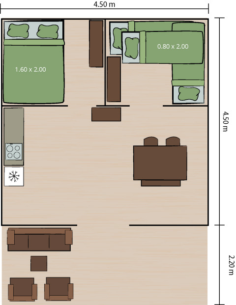 Plan d’une tente Safari Comfort avec climatisation, deux chambres, cuisine, salon et salle à manger.