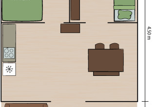 Plan d’une tente Safari Comfort avec climatisation, deux chambres, cuisine, salon et salle à manger.