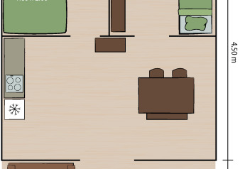 Plan d’une tente Safari Comfort avec climatisation, deux chambres, cuisine, salon et salle à manger.