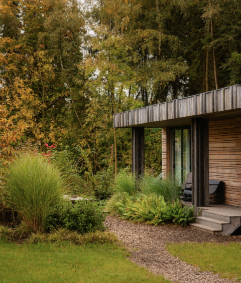 Moderne houten lodge bij Resort de Parel in Nederland, omringd door groene planten en hoge bomen.