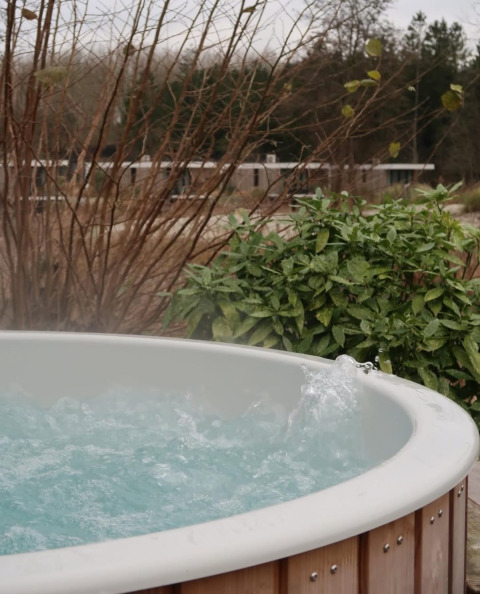 Bain à remous extérieur à la Villa Roof Terrace + Hot tub au Resort de Parel, entouré de verdure.