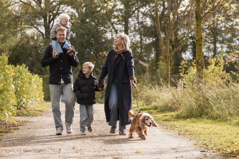 Famille avec deux enfants et un chien marchant sur un chemin forestier près d'un lodge par une journée ensoleillée.