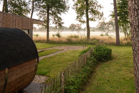 Photo of a lodge with a lawn, trees, and a light morning mist covering the field in the background.
