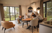 Familia jugando a un juego de mesa en la mesa del comedor de una acogedora cabaña con perro y grandes ventanas.
