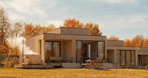 Moderne Lodge Villa Hottub im Resort de Parel, Niederlande, mit Terrasse, herbstlicher Kulisse und Whirlpool.