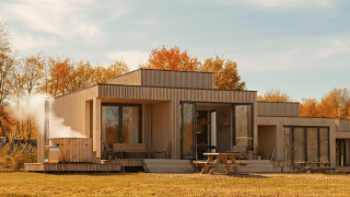 Moderne lodge Villa Hottub bij Resort de Parel in Nederland, met terras, herfstbomen en een buiten-hottub.