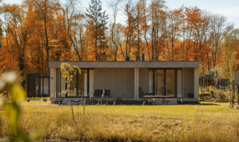 Lodge Hottub moderne au Resort de Parel aux Pays-Bas, entouré d’arbres aux couleurs d’automne.