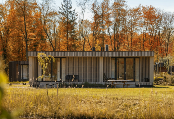 Lodge Hottub moderne au Resort de Parel aux Pays-Bas, entouré d’arbres aux couleurs d’automne.