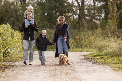 Familia paseando con perro por el sendero de Vacation villa Amalia 4 con sauna y jacuzzi en Hofparken De Bergvennen.