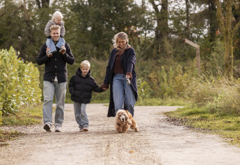 Family walking with dog on path at Vacation villa Amalia 4 with sauna and hot tub in Hofparken De Bergvennen.