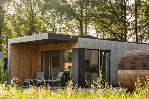 Holiday villa Amalia 2 with sauna at Hofparken De Bergvennen, surrounded by trees and natural beauty in the Netherlands.
