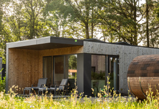 Villa vacacional Amalia 2 con sauna en Hofparken De Bergvennen, rodeada de árboles y naturaleza en Países Bajos.