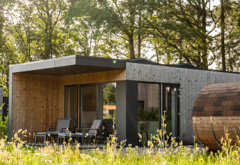 Holiday villa Amalia 2 with sauna at Hofparken De Bergvennen, surrounded by trees and natural beauty in the Netherlands.
