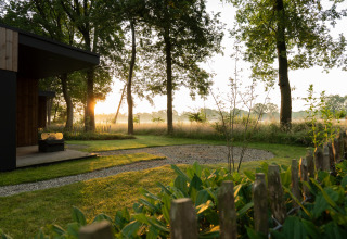 Udsigt fra terrasse ved Vakantievilla Boslodge 2 med sauna i Hofparken Wiltershaar, omgivet af skov og morgensol.